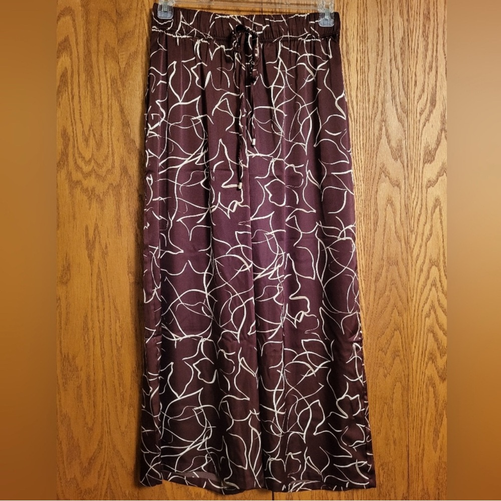 NWT Adrianna Papell Brown Printed Satin Drawstring Waist Pant Size Large